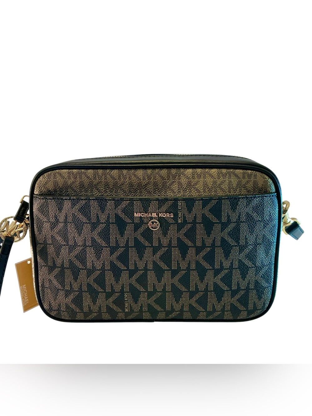 Michael Kors Jet Set Charm Camera Crossbody Bag Black/Gold Logo Removable Strap